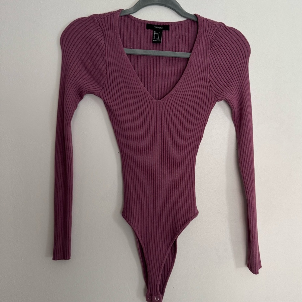 Forever 21 Ribbed Long Sleeve Bodysuit - Purple